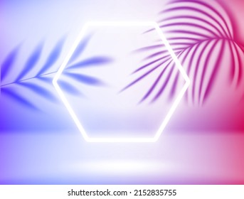 Bright interior with white neon light and tropical leaves shadows