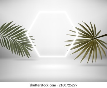 Bright interior with white neon light and tropical leaves 