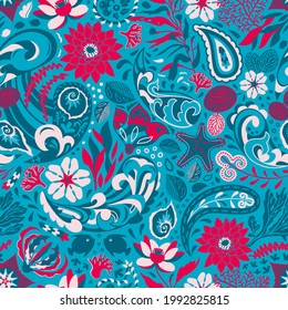 Bright intricate paisley marine life: imaginary plants, flowers, foliage, water waves, splashes, seaweeds, starfish, fish in renewed vibrant shades. For interior decor, textile, prints, digital items.