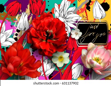 Bright invitation with 2 red and 1 pink tulips with 3 D effect 1.