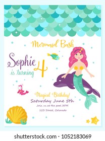 Bright invitation card with cute fairy mermaid. Birthday party card template. Vector illustration
