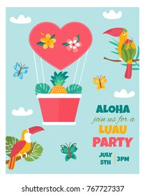 Bright invitation card with tropical leaves, birds and elements