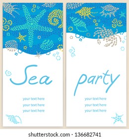 Bright invitation cards with sea elements. You can place your text in the empty frame. Template design.