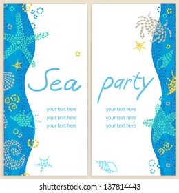 Bright invitation cards with sea elements. You can place your text in the empty frame. Template design.