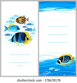 Bright invitation cards with sea elements. Marine life vector background. Sea pattern with fish and waves. Place for your text.  Template frame design for card.
