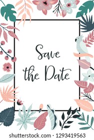 Bright invitation with flowers and palm leaves. Party invitation template, greeting card, banner. Save the date