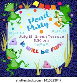 Bright invitation to a fun pond party. Three funny frogs create a mood
