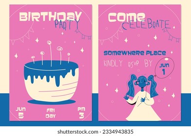 Bright invitation to kids birthday party retro style.Happy girl invitation banners.Children event celebration flyer.Cartoon vector posters.