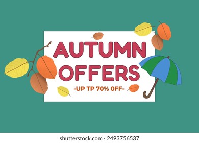 Bright and inviting autumn offers illustration featuring colorful leaves and an umbrella. Perfect for seasonal promotions and designs.