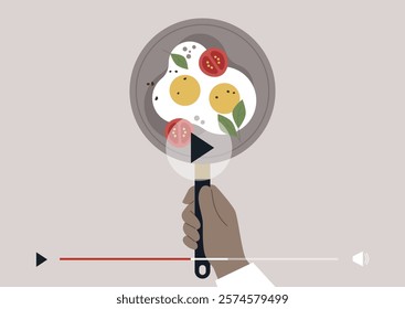 Bright and inviting breakfast moment filmed from above, showcasing perfectly cooked sunny side up eggs adorned with vibrant tomatoes and fragrant herbs in a modern kitchen