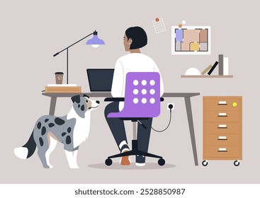 In a bright and inviting workspace, someone is focused on their laptop, accompanied by a friendly dog who watches curiously, The creative environment fosters productivity and comfort