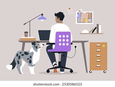 En un espacio de trabajo luminoso y acogedor, alguien se enfoca en su computadora portátil, acompañado por un perro amigable que observa con curiosidad. El entorno creativo fomenta la productividad y la comodidad