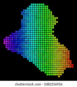 Bright Iraq Map. Vector territorial map in bright rainbow color shades on a black background. Abstract Iraq Map mosaic is designed of glossy dots.