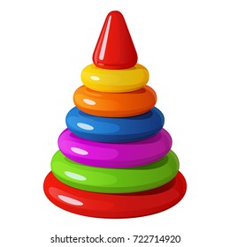 Bright iridescent children's toy - pyramid of plastic rings with triangular top, vector illustration on white background
