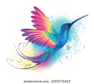 Bright, iridescent, exotic flying hummingbird on  white background, painted over with multicolor, watercolor paint. Rainbow hummingbird.