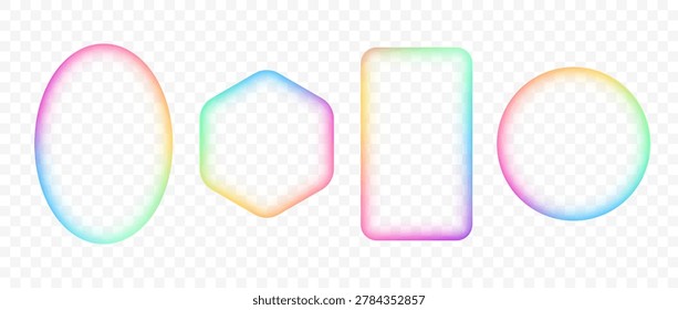 Bright iridescent gradient frame set. Blurred vivid glowing border collection. Vibrant rainbow color rectangle, circle, hexagon and ellipse banner element pack. Colorful box template bundle. Vector