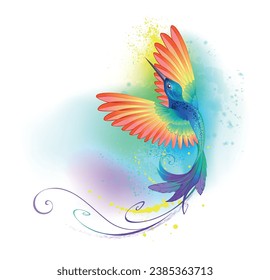 Luminoso, irrisorio, espléndido, arco iris, colibrí volador sobre fondo blanco pintado con pintura multicolor. Colibrí arcoiris. arte vectorial dibujado a mano