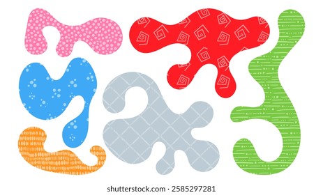 Bright and irregular organic shapes in diverse colors and patterns create a playful visual display. Each blob features unique designs, adding to the overall vibrant composition.
