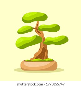 Bright isolated bonsai tree in the pot. Small tree. Vector isolated. Flat style