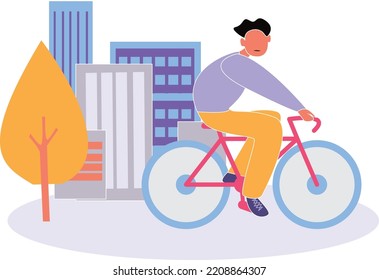 bright isolated illustration of a man on a bicycle against the backdrop of urban development in bright colors