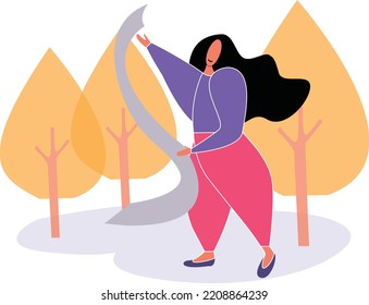 bright isolated illustration of a woman with dark developing hair, who stands against the background of trees with a long list in her hands