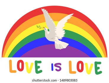 bright isolated vector illustration of white dove holding olive peace branch on lgbt pride rainbow background with text love is love. For logos, invitations, wedding cards, inclusive church design 