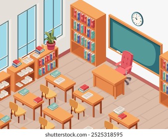 Interior brilhante da sala de aula isométrica com mesas ordenadamente organizadas com cadeiras, quadro-negro e estantes, ideal para ilustrar ambientes escolares ou temas educacionais. Ilustração vetorial.