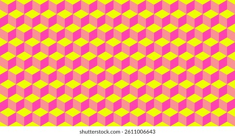 Bright isometric cube texture in yellow, pink, and violet.