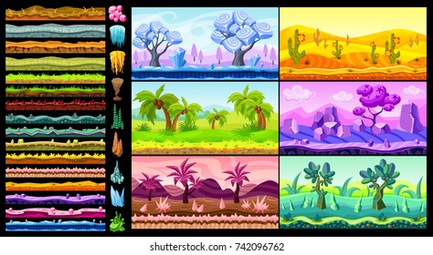 Luminosos paisajes isométricos de juego con escenas naturales elementos superficies de diferentes materiales y texturas ilustraciones vectoriales aisladas