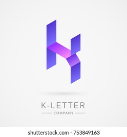 Bright isometric K letter, isolated on white background