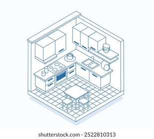 Bright isometric kitchen illustration made with lines: stylish and modern vector design with clear interior detailing. Linear kitchen image is suitable for architectural projects and graphic design.