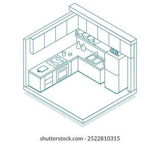 Ilustración de cocina isométrica brillante hecha con líneas: diseño de Vector elegante y moderno con detalles interiores claros. La Imagen de cocina lineal es adecuada para proyectos arquitectónicos y Diseño gráfico.