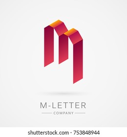 Bright isometric M letter, isolated on white background