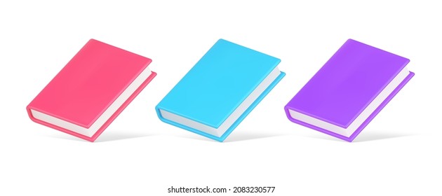 Libros de papel isométricos brillantes para lectura aprendizaje o entretenimiento educativo 3d plantilla de icono ilustración vectorial. Colección de libros de texto multicolores etiqueta de librería de biblioteca aislada en blanco