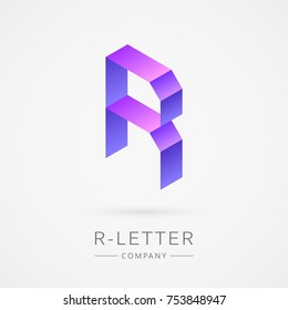 Bright isometric R letter, isolated on white background