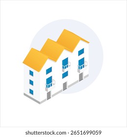 Bright isometric row of white townhouses featuring vibrant yellow roofs, blue windows and balconies perfect visual for urban housing guides, real estate listings, marketing banners and property apps!!