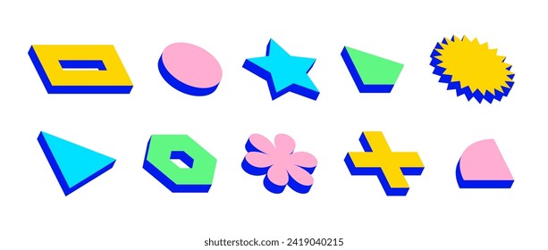 Bright isometric shape set. Volumetric geometric object collection. Retro 3d brutalist form pack. Vintage Y2k abstract game elements for poster, cover, banner. Bauhaus or Memphis style pack. Vector
