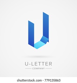 Bright isometric U letter, isolated on white background