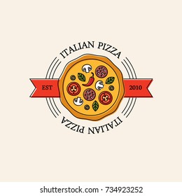 Bright italian pizza logo, emblem or label. Pizzeria, cafe or restaurant menu design element. Pepperoni icon.