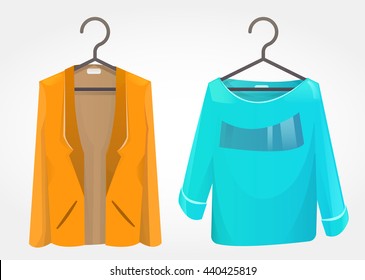 Bright jacket and sweater on hangers