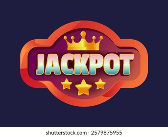 Bright jackpot text with a crown and golden stars, isolated on a dark background. Vibrant vector illustration ideal for casino advertisements or gaming projects