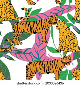 Bright Jaguar and Palm Vector Seamless Pattern. Summer Tiger and Leaves Print. Wallpaper Illustration. Leopard and Leaf Motley Jungle Background.