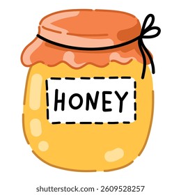 A bright jar of honey. Vector illustration in cartoon style. A cute doodle icon for a children's postcard. Highlighted on a white background.