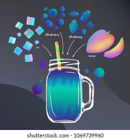 A bright jar of smoothies with ingredients: ice, blueberry, blackberry, mango painted with chalk. A healthy eating theme