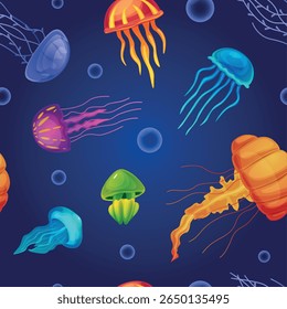 Bright jellyfish seamless pattern. Seaworld cartoon characters, underwater cartoon jellyfish. Vibrant print for fabric, wallpaper, wrapping, nowaday vector background