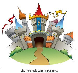 Bright and jolly castle, fortress with walls, towers, and flags, vector illustration