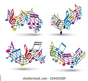 Bright jolly vector staves with musical notes on white background, decorative major wavy set of musical notation symbol.