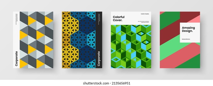 Bright journal cover A4 design vector illustration bundle. Unique geometric hexagons annual report concept set.