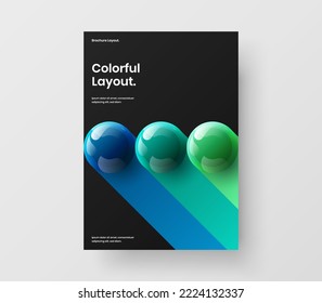 Bright journal cover vector design concept. Colorful 3D spheres leaflet layout.