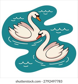 Bright joyful artwork with pond two swans children hand drawing birds floating lake natural object isolate displayed on a simple white backdrop